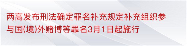 两高发布刑法确定罪名补充规定补充组织参与国(境)外赌博等罪名3月1日起施行