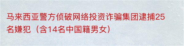 马来西亚警方侦破网络投资诈骗集团逮捕25名嫌犯（含14名中国籍男女）